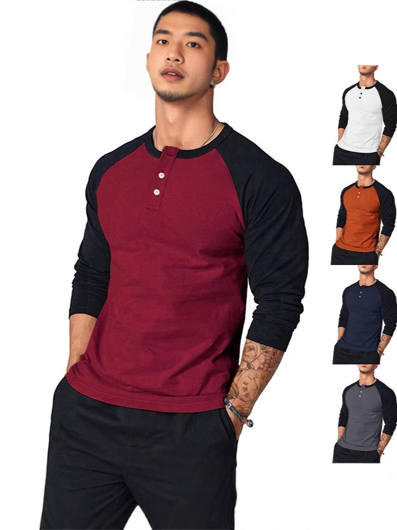 تي شيرت رجالي أمريكي نحيف بأكمام طويلة بتصميم كتلة الألوان تي شيرت كاجوال رجالي - Image 2