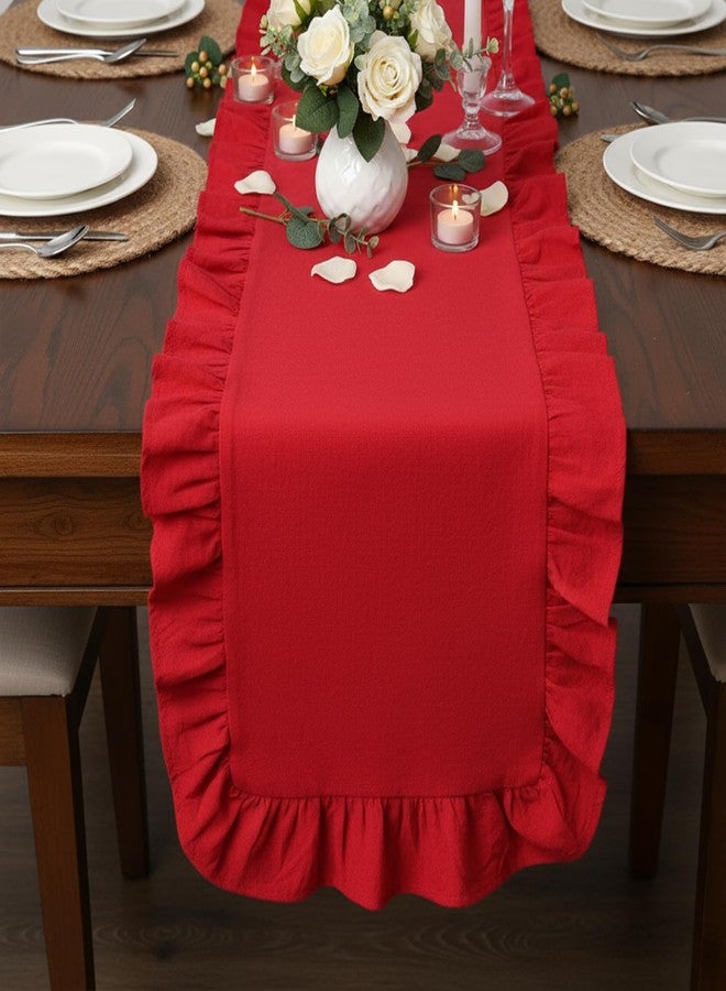 اودين مفرش طاولة أودين أحمر مكشكش من قماش قطني، مقاس 118 × 13.8 بوصة، بتصميم ريفي أنيق وحواف مكشكشة، مثالي لتزيين حفلات الزفاف، وحفلات أعياد الميلاد، وحفلات استقبال المولود، وحفلات توديع العزوبية. - Image 5