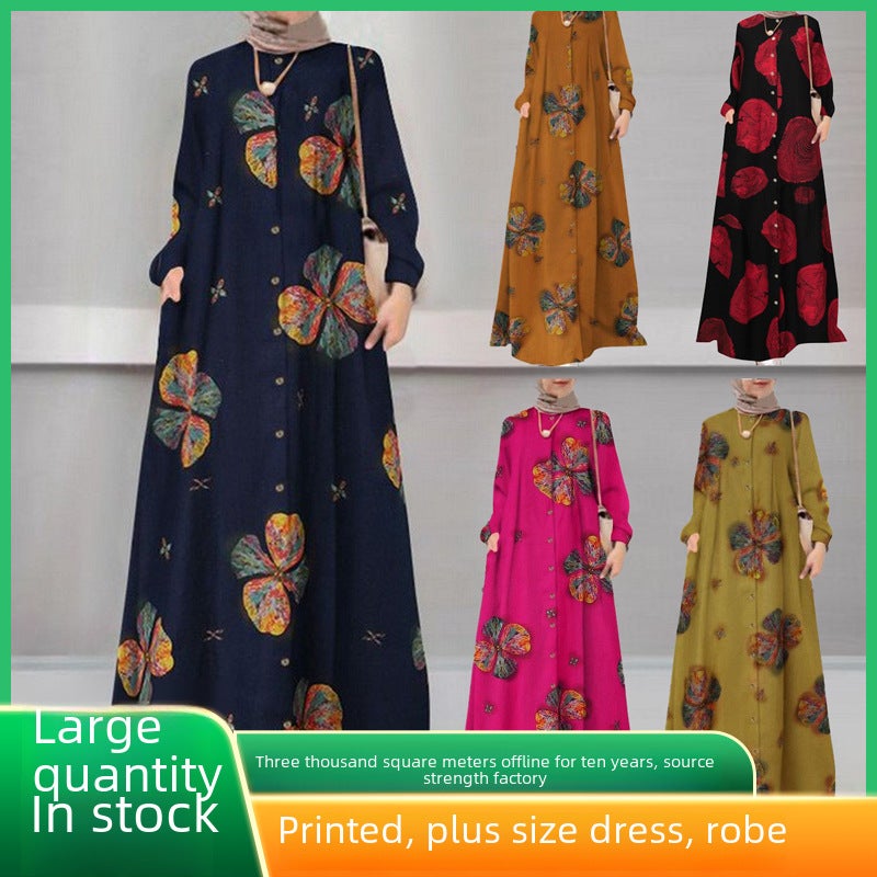 Spot cross-border foreign trade Womens cotton and linen printed shirt robe dress round neck vintage long sleeve large size dress Yellow - Image 2