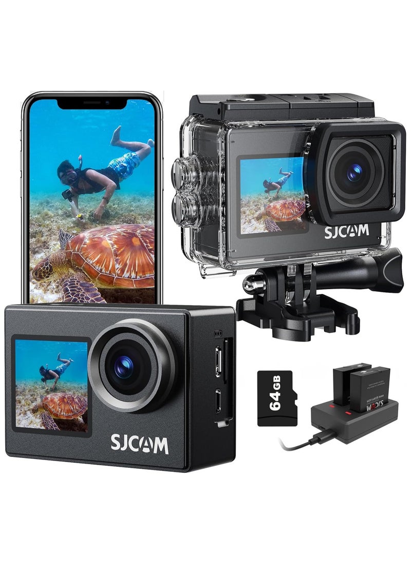 أس جي كام كاميرا أكشن SJ4000 مُحسّنة بشاشة مزدوجة 4K30FPS فائقة الدقة تحت الماء، كاميرا مقاومة للماء بزاوية واسعة 170 درجة، كاميرا خوذة دراجة نارية مع تثبيت، بطاريتان وملحقات، بطاقة 64 جيجابايت  - Image 1