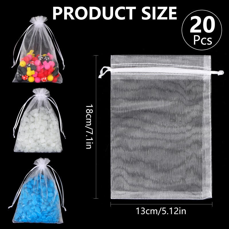 Teqooza Mini Organza Bag, 5 x 7 inch White Sheer Organza Jewelry Gift Bags, Party Favor Bags with Drawstring, Mesh Candy Bags for Wedding Halloween Christmas Party, 20 Pcs - Image 2