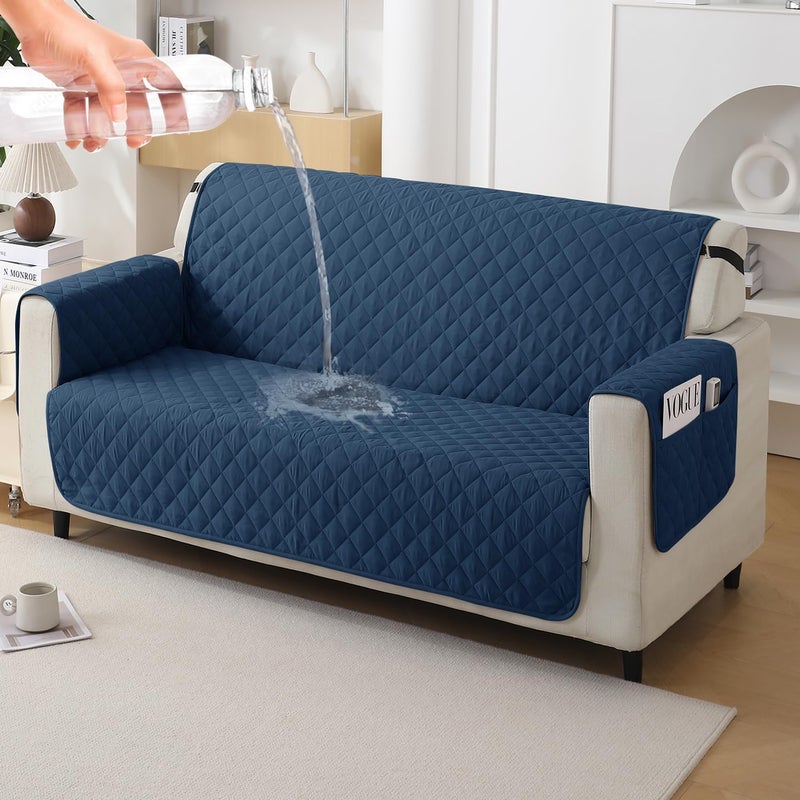 HOKIPO polyester Quilted Sofa Mat with Bottom Waterproof Layer with Pockets 175D x 110L cm Navy BlueNWAR5139W4 - Image 1