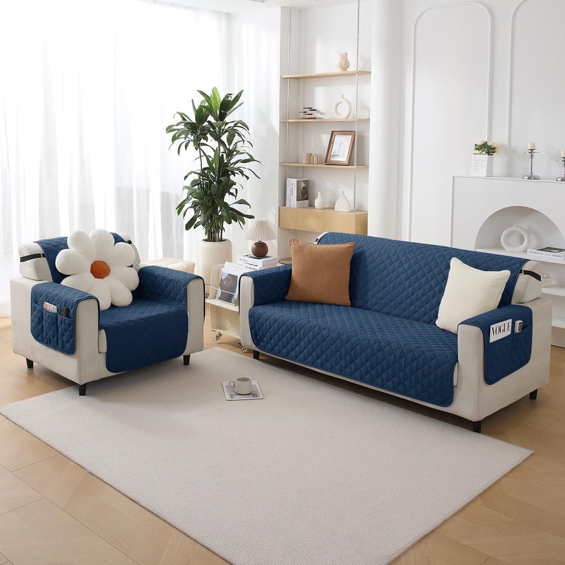HOKIPO polyester Quilted Sofa Mat with Bottom Waterproof Layer with Pockets 175D x 110L cm Navy BlueNWAR5139W4 - Image 4