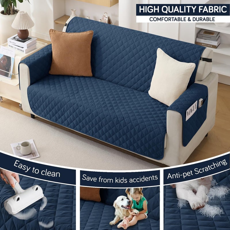 HOKIPO polyester Quilted Sofa Mat with Bottom Waterproof Layer with Pockets 175D x 110L cm Navy BlueNWAR5139W4 - Image 2