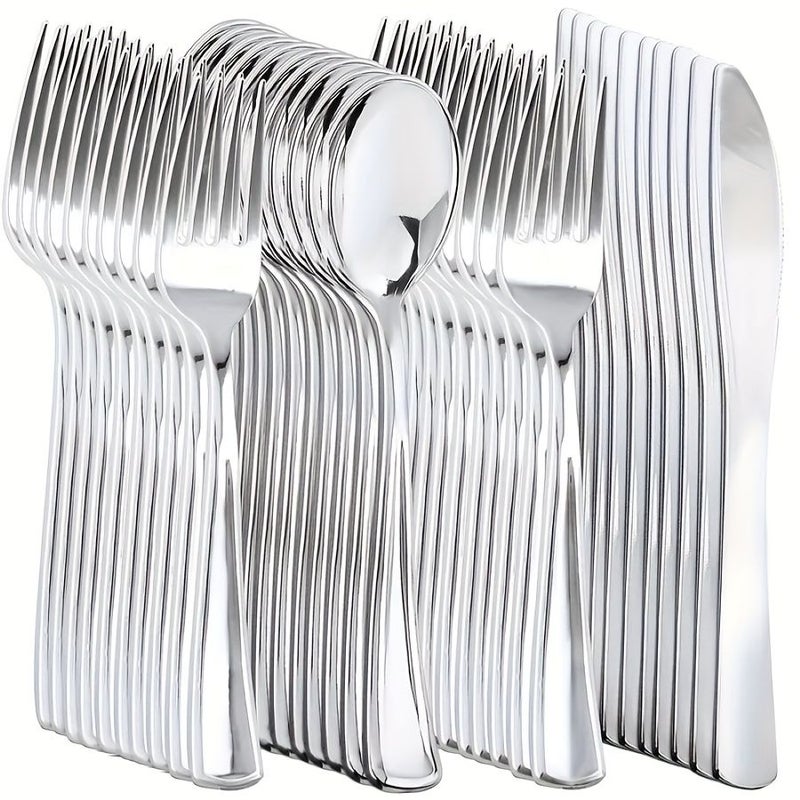 75 Pcs Plastic Silvery Dining Set Silverware Cutlery With 25 Knives 25 Forks 25 Spoons For Party Gathering Holiday Birthday - Image 1
