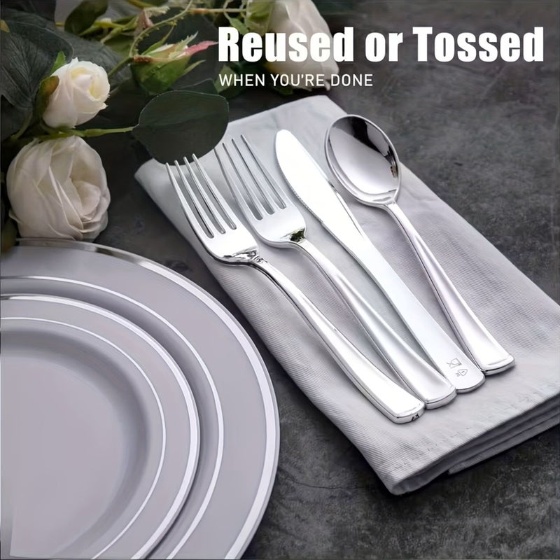 75 Pcs Plastic Silvery Dining Set Silverware Cutlery With 25 Knives 25 Forks 25 Spoons For Party Gathering Holiday Birthday - Image 5