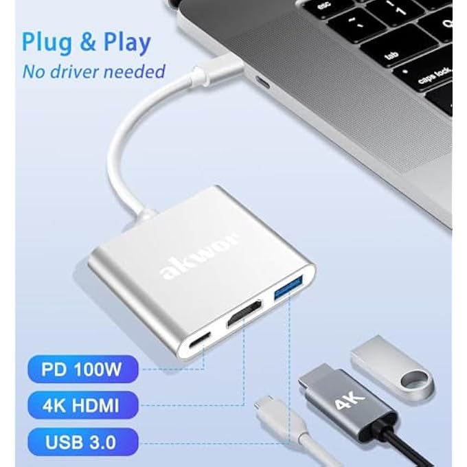 AKWOR USB C TO HDMI MULTIPORT ADAPTER, USB C TO HDMI 4K + USB 3.0 STANDARD + PD CHARGING PORT 3 IN 1 ADAPTER - Image 2
