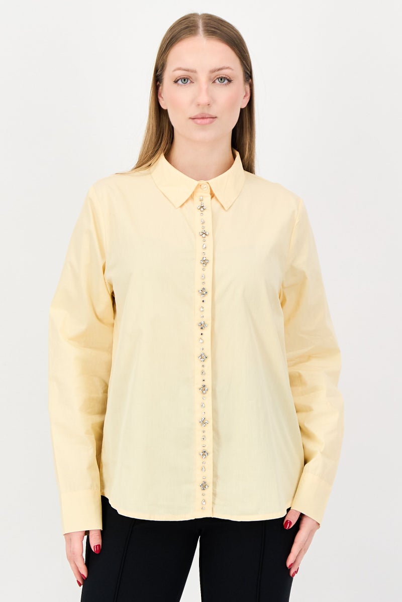 bebe Women Spread Collar Embellished Long Sleeve Shirt, Pale Yellow - Image 1