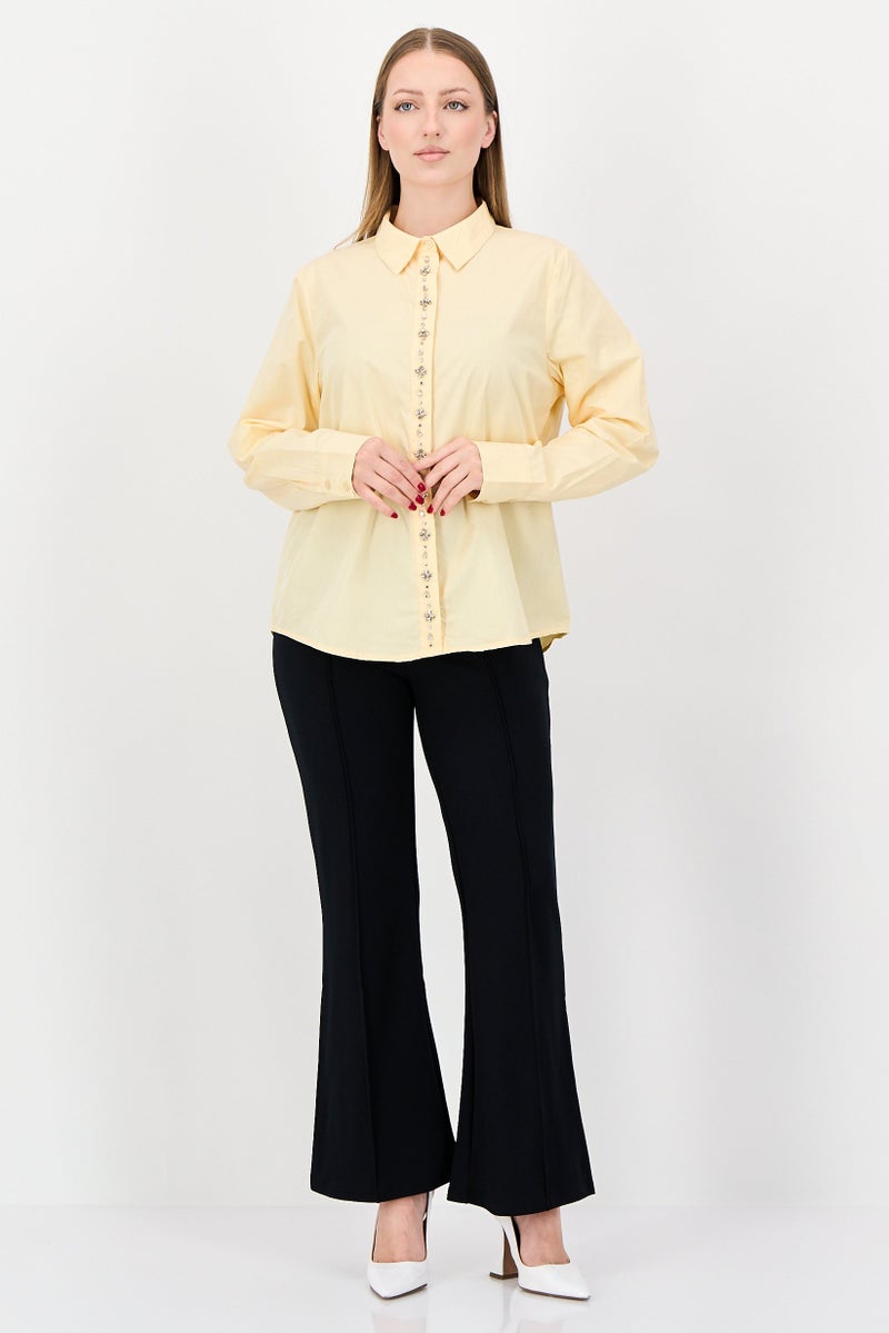 bebe Women Spread Collar Embellished Long Sleeve Shirt, Pale Yellow - Image 4