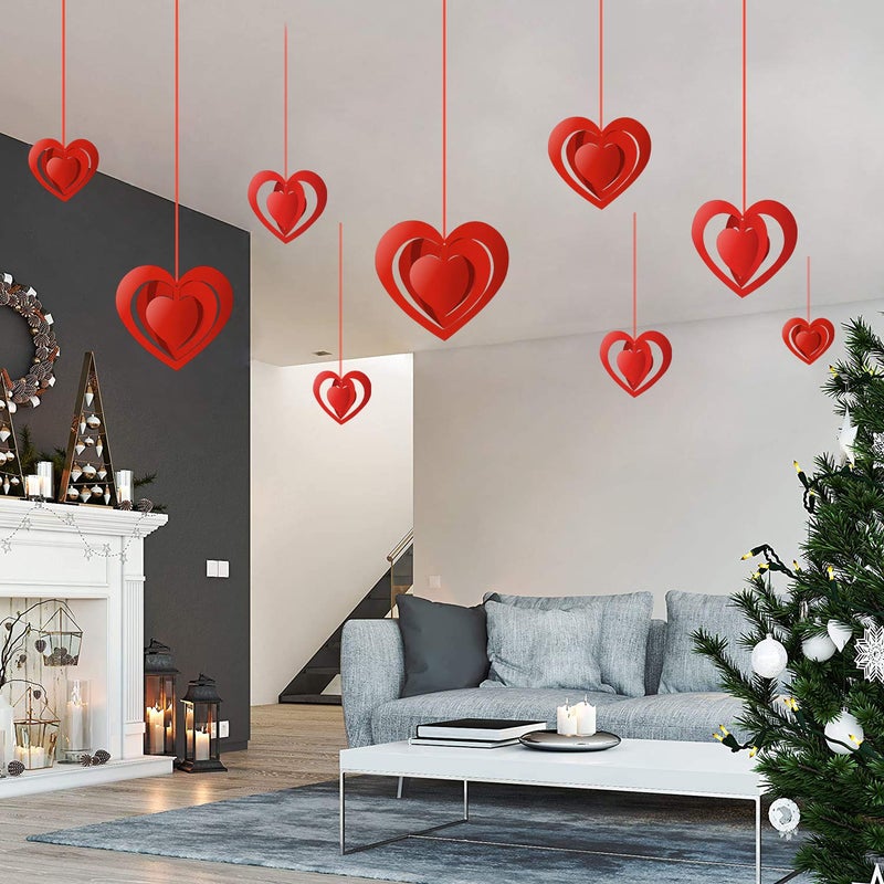 PTFNY 15 Pieces Valentine's Day 3D Heart Hanging Decorations Red Hearts Hanging Ornaments with Red Ribbons Party Supplies for Indoor Outdoor Bridal Shower Anniversary Wedding Party Decorations - Image 4