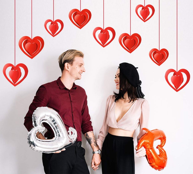PTFNY 15 Pieces Valentine's Day 3D Heart Hanging Decorations Red Hearts Hanging Ornaments with Red Ribbons Party Supplies for Indoor Outdoor Bridal Shower Anniversary Wedding Party Decorations - Image 5