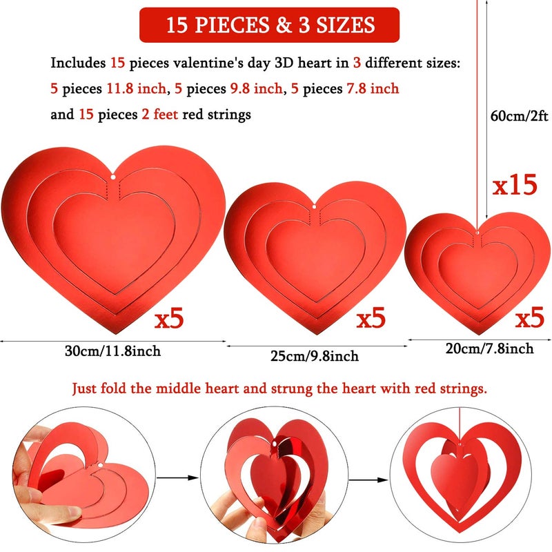 PTFNY 15 Pieces Valentine's Day 3D Heart Hanging Decorations Red Hearts Hanging Ornaments with Red Ribbons Party Supplies for Indoor Outdoor Bridal Shower Anniversary Wedding Party Decorations - Image 2