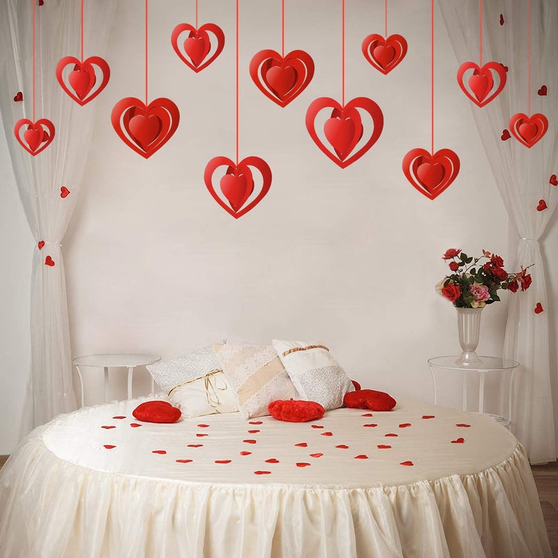 PTFNY 15 Pieces Valentine's Day 3D Heart Hanging Decorations Red Hearts Hanging Ornaments with Red Ribbons Party Supplies for Indoor Outdoor Bridal Shower Anniversary Wedding Party Decorations - Image 3