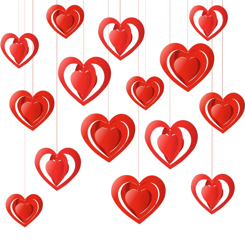 PTFNY 15 Pieces Valentine's Day 3D Heart Hanging Decorations Red Hearts Hanging Ornaments with Red Ribbons Party Supplies for Indoor Outdoor Bridal Shower Anniversary Wedding Party Decorations - Image 1