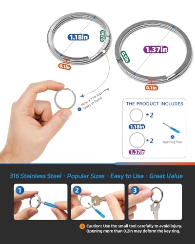 Flickzo 316 Stainless Steel Key Rings 4 Pack (2×1.18in & 2×1.37in) Rustproof Heavy Duty Split Rings for Car Keys, Dog Tags, Diving, Boating, Outdoor, Pool, Lab, DIY Crafts - Image 3