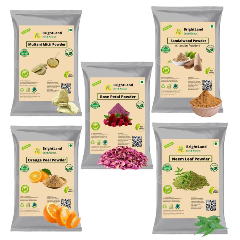 Brightland Rose Petal Powder Orange Peel Powder Multani Mitti Powder Neem Leaf Powder and Sandalwood chandan Powder 50gm Each Powder All 250gm - Image 1