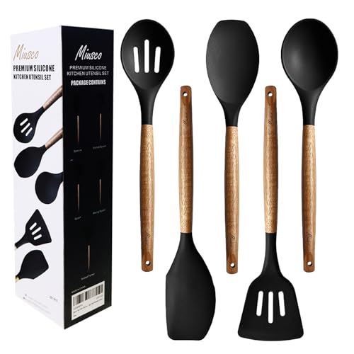 Miusco Black : Miusco 5 Piece Silicone Cooking Utensil Set with Natural Acacia Hard Wood Handle, Black - Image 1