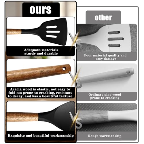 Miusco Black : Miusco 5 Piece Silicone Cooking Utensil Set with Natural Acacia Hard Wood Handle, Black - Image 3