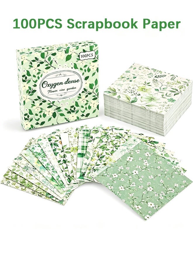 Wffo Scrapbook Paper, 100 Sheets Green Floral Decorative Paper for Journaling Collage Card Making - 3.15x3.15 Inch - Image 1
