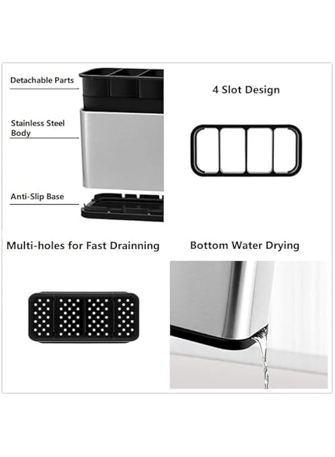 Beauenty Kitchen Utensil Crock Holder 4 Divider Stainless Steel Kitchen Storage Organiser Cutlery Holder Anti Slip Water Draining Design Easy to Clean for All Kitchens Countertop - Image 4