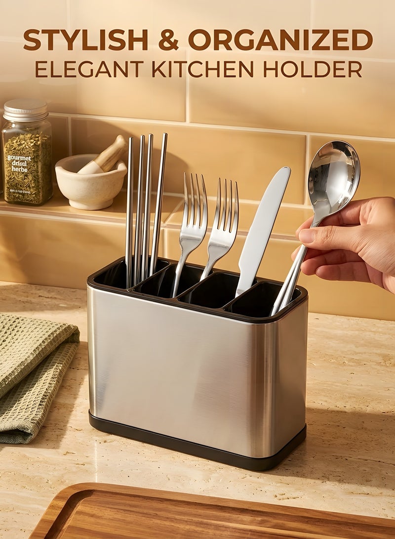 بيوينتي مومنت حامل ادوات المطبخ مكون من 4 فواصل من الستانلس ستيل لتنظيم ادوات المطبخ وادوات تناول الطعام بتصميم مضاد للانزلاق لتصريف المياه سهل التنظيف لجميع المطابخ وسطح الطاولة - Image 2