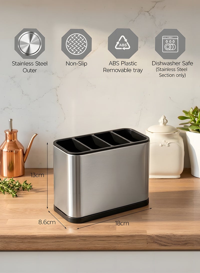 بيوينتي مومنت حامل ادوات المطبخ مكون من 4 فواصل من الستانلس ستيل لتنظيم ادوات المطبخ وادوات تناول الطعام بتصميم مضاد للانزلاق لتصريف المياه سهل التنظيف لجميع المطابخ وسطح الطاولة - Image 3