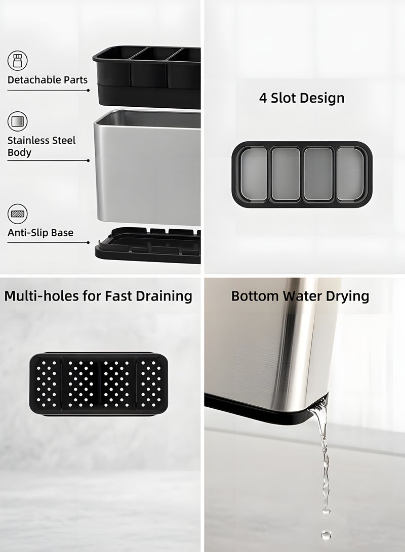 بيوينتي مومنت حامل ادوات المطبخ مكون من 4 فواصل من الستانلس ستيل لتنظيم ادوات المطبخ وادوات تناول الطعام بتصميم مضاد للانزلاق لتصريف المياه سهل التنظيف لجميع المطابخ وسطح الطاولة - Image 4