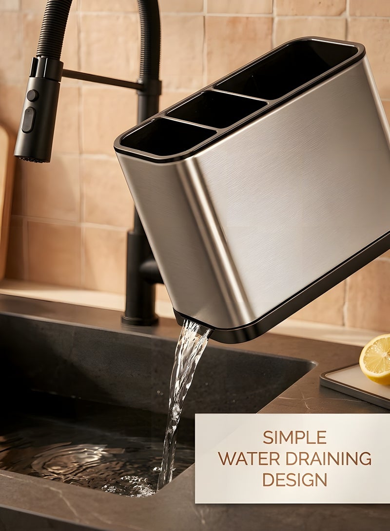 بيوينتي مومنت حامل ادوات المطبخ مكون من 4 فواصل من الستانلس ستيل لتنظيم ادوات المطبخ وادوات تناول الطعام بتصميم مضاد للانزلاق لتصريف المياه سهل التنظيف لجميع المطابخ وسطح الطاولة - Image 5