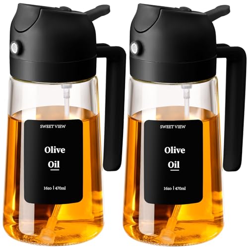 SWEET VIEW 2PCS Oil Sprayer for Cooking, 16oz/470ml Glass Oil Dispenser/Pour Bottle, Kitchen Accessories, Kitchen Gadgets for Air Fryer, Salad, BBQ, with Stickers (Black,Black) - Image 1