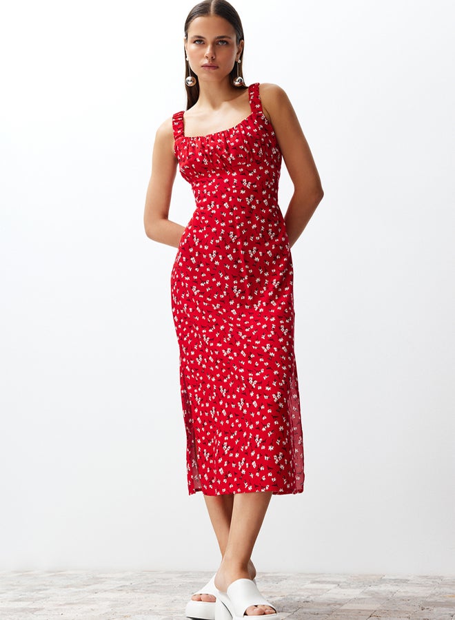 trendyol Red Floral Viscose Maxi Woven Dress - Image 2