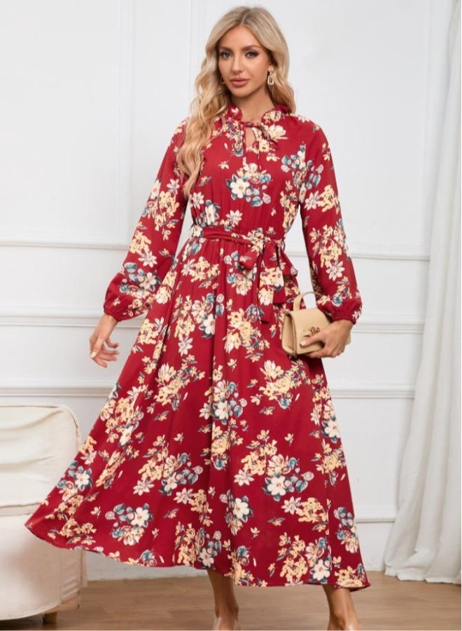Beauenty Slim-fit temperament ladies lantern sleeve stand collar lace floral skirt mid-length dress  - Image 1