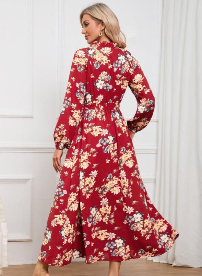 Beauenty Slim-fit temperament ladies lantern sleeve stand collar lace floral skirt mid-length dress  - Image 2