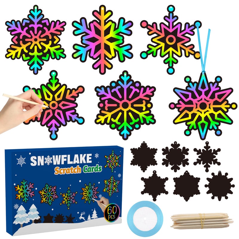 CY2SIDE 60PCS Snowflake Color Scratch Cards Winter Snowflake Hanging Scratch Cards Snowflake Magic Art Rainbow Color Paper Ornaments for Winter Christmas Party Supplies - Image 3
