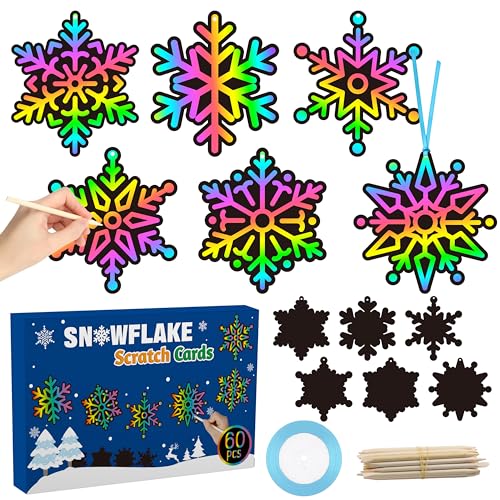 CY2SIDE 60PCS Snowflake Color Scratch Cards Winter Snowflake Hanging Scratch Cards Snowflake Magic Art Rainbow Color Paper Ornaments for Winter Christmas Party Supplies - Image 1