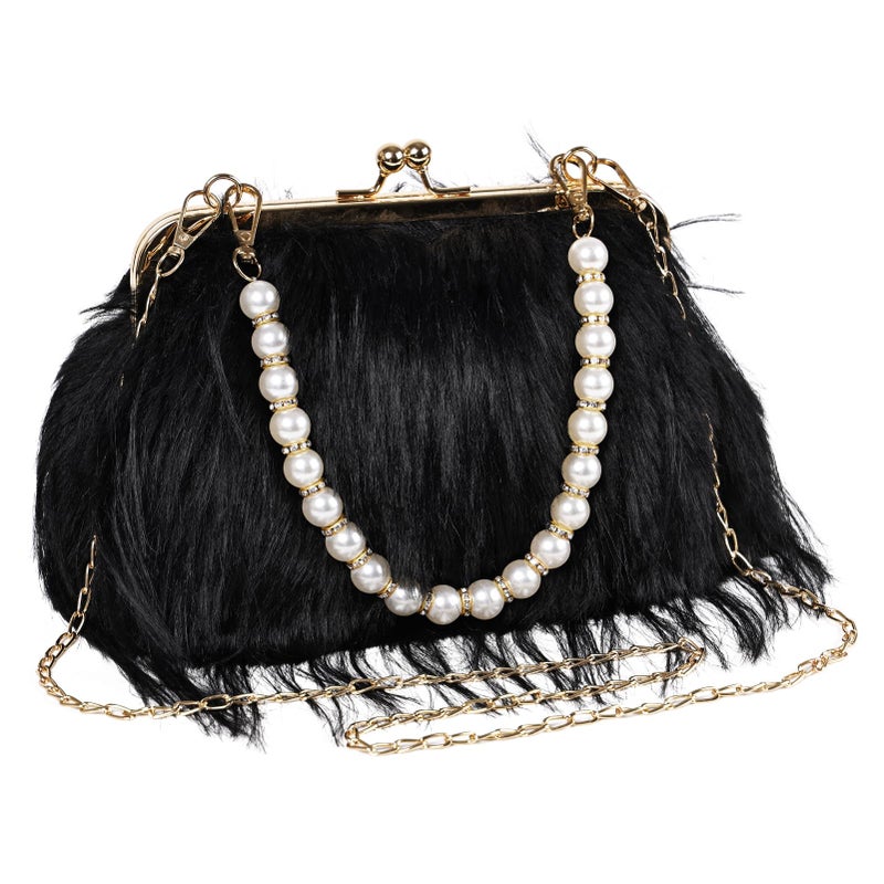FeelfunFeather Women Clutch Purses,Fluffy Feather Evening Handbags for Wedding Party Banquet Prom Crossbody Bag with Detachable Chain(Black) - Image 1