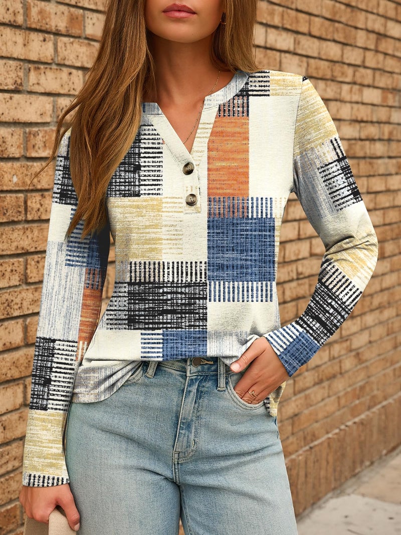 Dealmore Women's Boho Henley Shirts - Soft Stretch Long Sleeve Blouses, Casual Printed V-Neck Tunic Tops PBeige L - Image 2