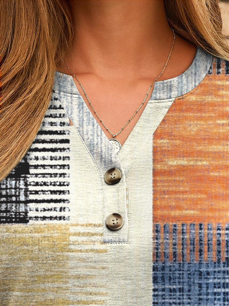 Dealmore Women's Boho Henley Shirts - Soft Stretch Long Sleeve Blouses, Casual Printed V-Neck Tunic Tops PBeige L - Image 5