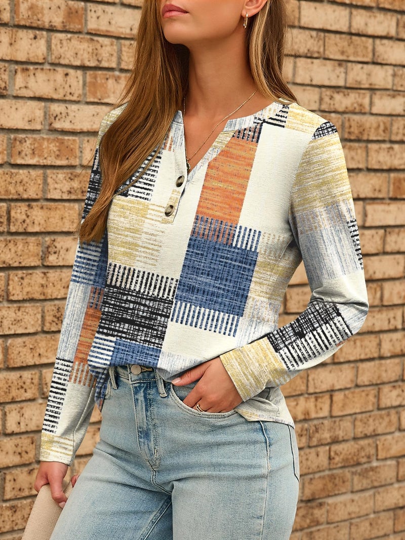 Dealmore Women's Boho Henley Shirts - Soft Stretch Long Sleeve Blouses, Casual Printed V-Neck Tunic Tops PBeige L - Image 3