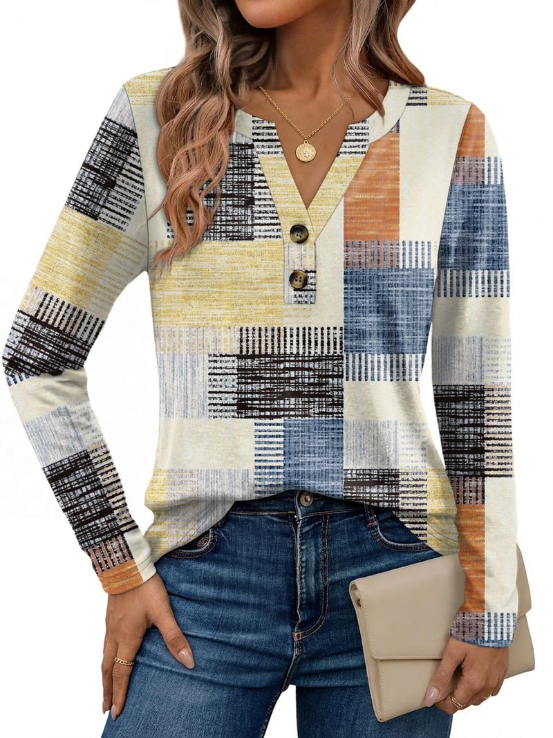 Dealmore Women's Boho Henley Shirts - Soft Stretch Long Sleeve Blouses, Casual Printed V-Neck Tunic Tops PBeige L - Image 1