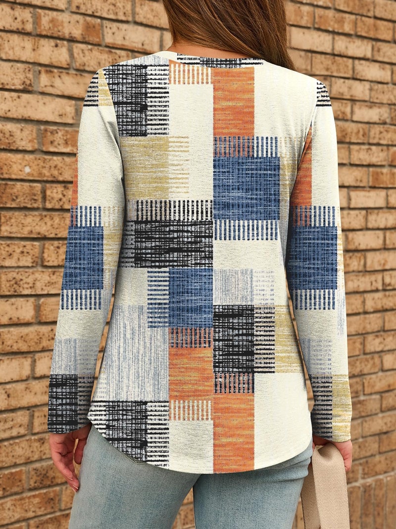 Dealmore Women's Boho Henley Shirts - Soft Stretch Long Sleeve Blouses, Casual Printed V-Neck Tunic Tops PBeige L - Image 4