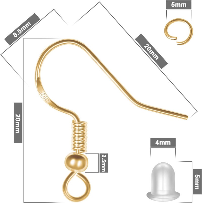 MENKEY 925 Sterling Silver Earring Hooks, 750PCS Gold Earring Hooks Kit 250PCS/125Pairs Hypoallergenic Ear Wires Fish Hooks with 250 PCS Gold Open Jump Rings and 250PCS Rubber Ear Backs for Jewelry Making - Image 2