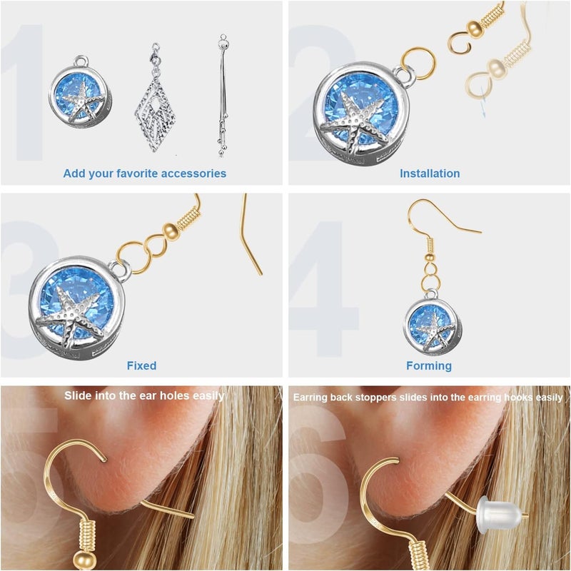 MENKEY 925 Sterling Silver Earring Hooks, 750PCS Gold Earring Hooks Kit 250PCS/125Pairs Hypoallergenic Ear Wires Fish Hooks with 250 PCS Gold Open Jump Rings and 250PCS Rubber Ear Backs for Jewelry Making - Image 4