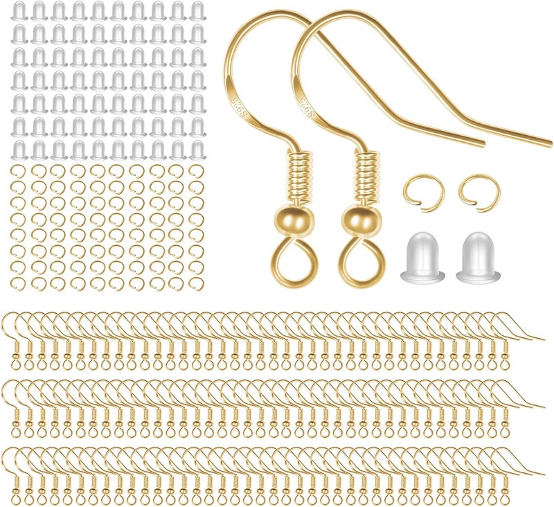 MENKEY 925 Sterling Silver Earring Hooks, 750PCS Gold Earring Hooks Kit 250PCS/125Pairs Hypoallergenic Ear Wires Fish Hooks with 250 PCS Gold Open Jump Rings and 250PCS Rubber Ear Backs for Jewelry Making - Image 1