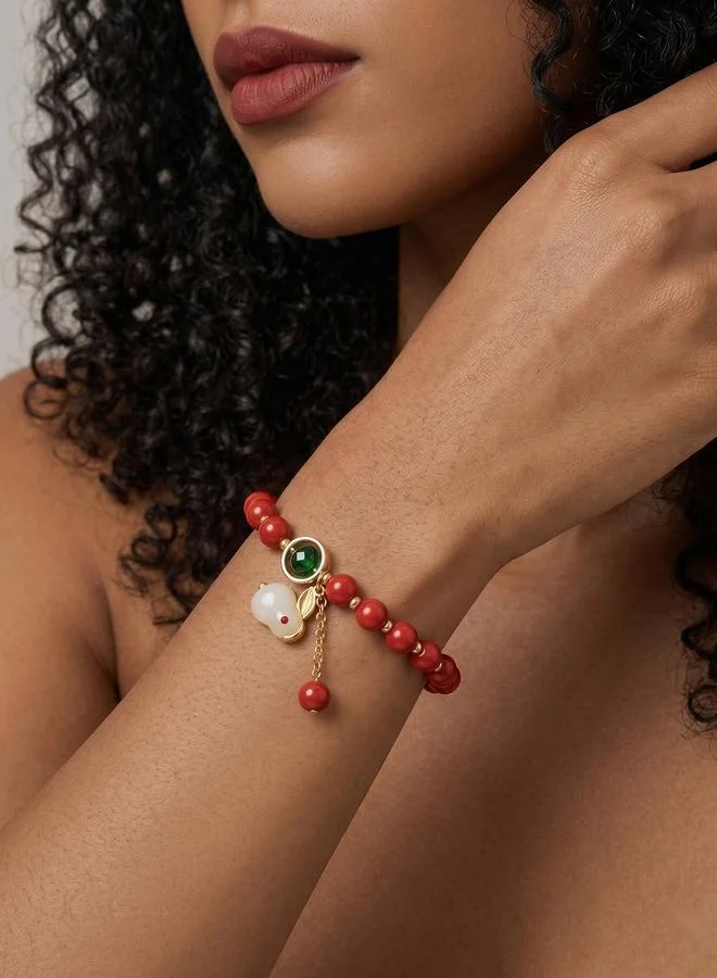 تايك تو Red Beaded Bracelet with Jade Rabbit Charm