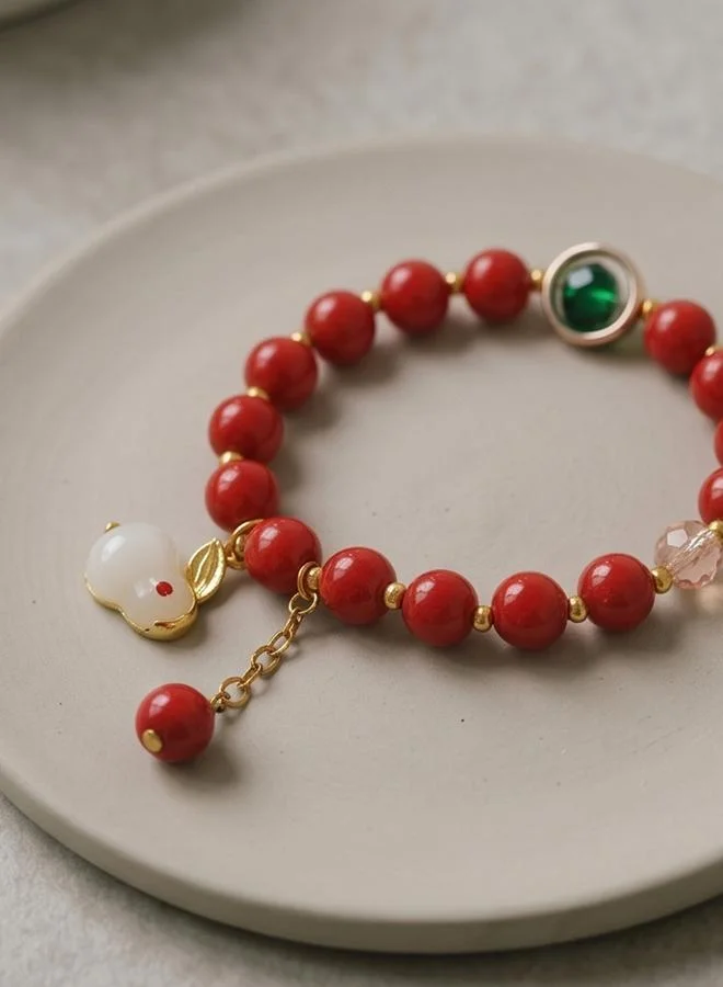 تايك تو Red Beaded Bracelet with Jade Rabbit Charm