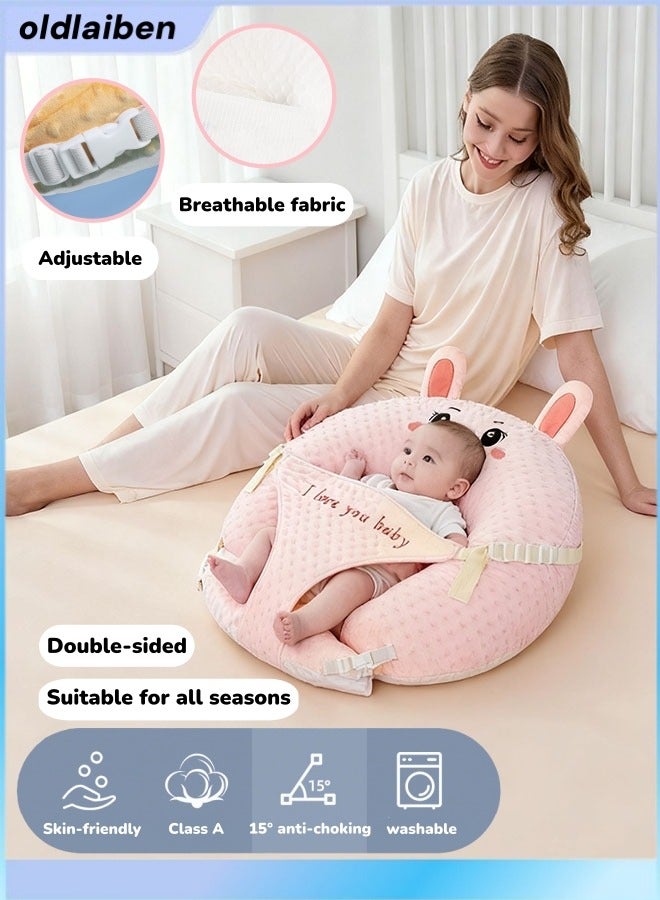 الدليبن وسادة رضاعة للأطفال، وضعية الجسم، وسادة أسفل الظهر للرضاعة الطبيعية، وسادة داعمة من القطن، وسادة أطفال قابلة للتعديل، دعم جلوس الطفل مع غطاء فائق النعومة قابل للإزالة، للرضاعة الطبيعية، قابلة للغسل في الغسالة، ارتفاع 15 درجة (أرنب وردي) - Image 1
