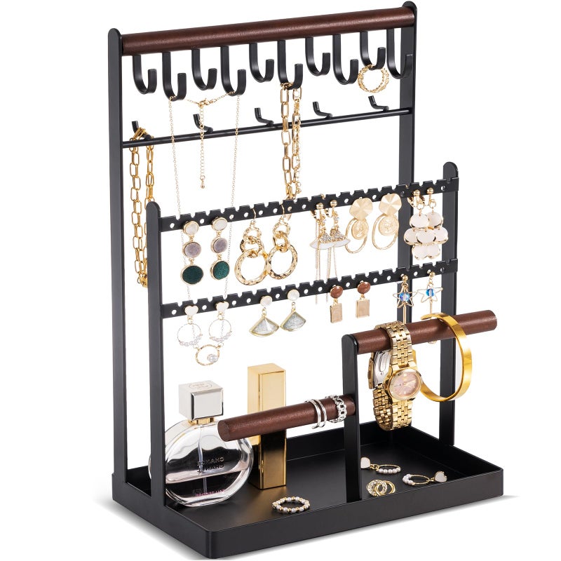 ProCase Jewelry Organizer Stand Necklace Organizer Earring Holder, 6 Tier Jewelry Stand Necklace Holder with 15 Hooks, Jewelry Tower Display Rack Storage Tree for Bracelets Earrings Rings -Black - Image 1