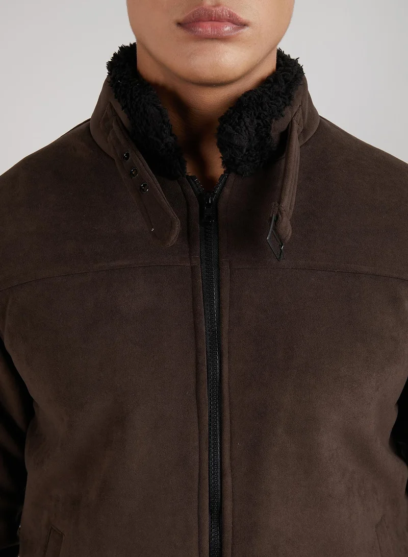 Campus Sutra Men's Brown Zip-Front Jacket With Fleece Detail