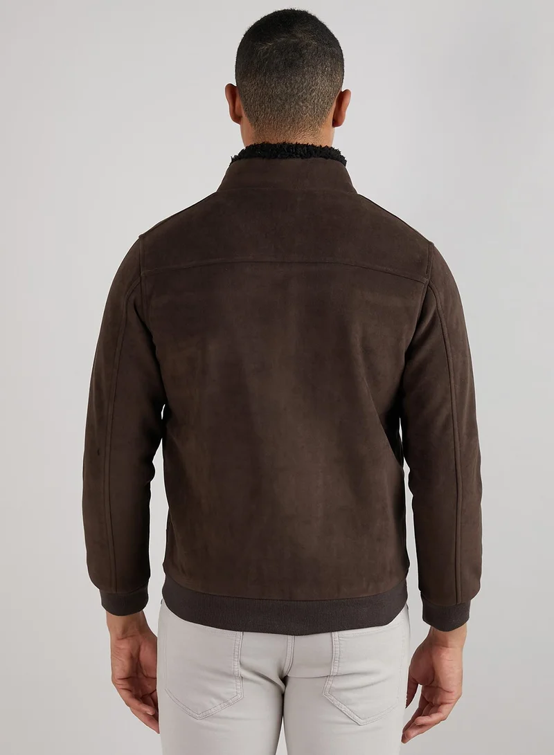 Campus Sutra Men's Brown Zip-Front Jacket With Fleece Detail