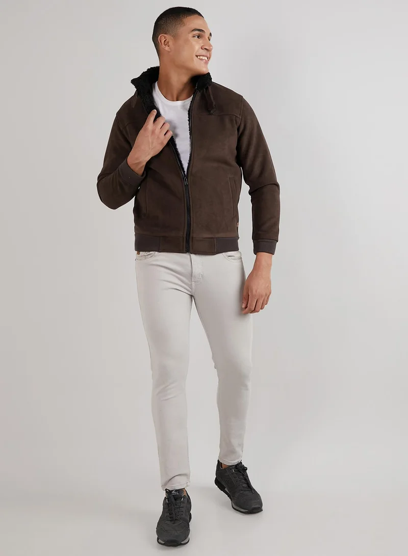 Campus Sutra Men's Brown Zip-Front Jacket With Fleece Detail